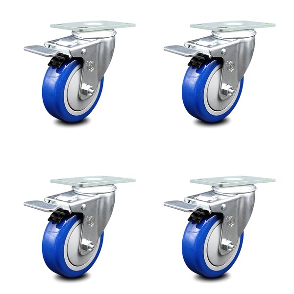 4 Inch Blue Polyurethane Swivel Top Plate Caster Set with Total Lock Brake SCC
